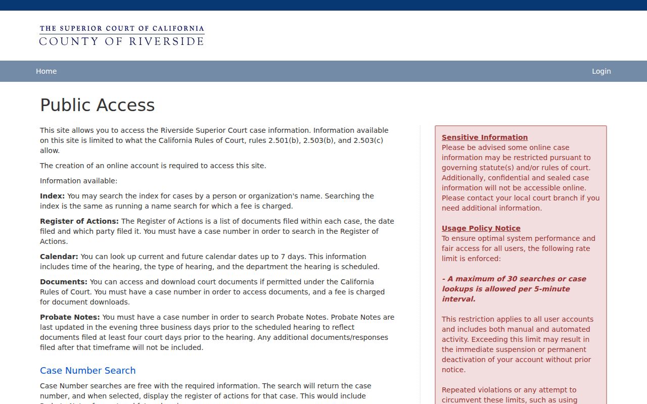 Indio resident lookup in the Riverside Superior Court public portal