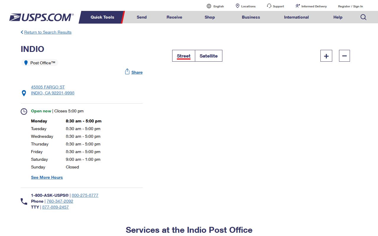 Indio ZIP code directory USPS Fargo Street Post Office details